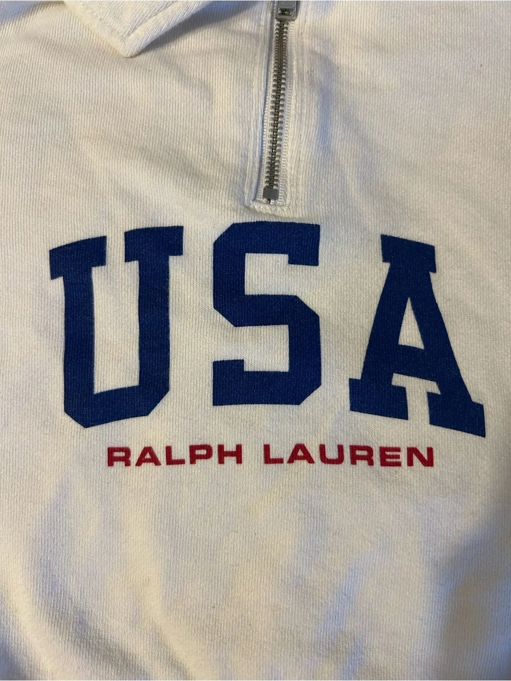 Ralph Lauren White Quarter‑Zip Pullover with Blue USA Graphic